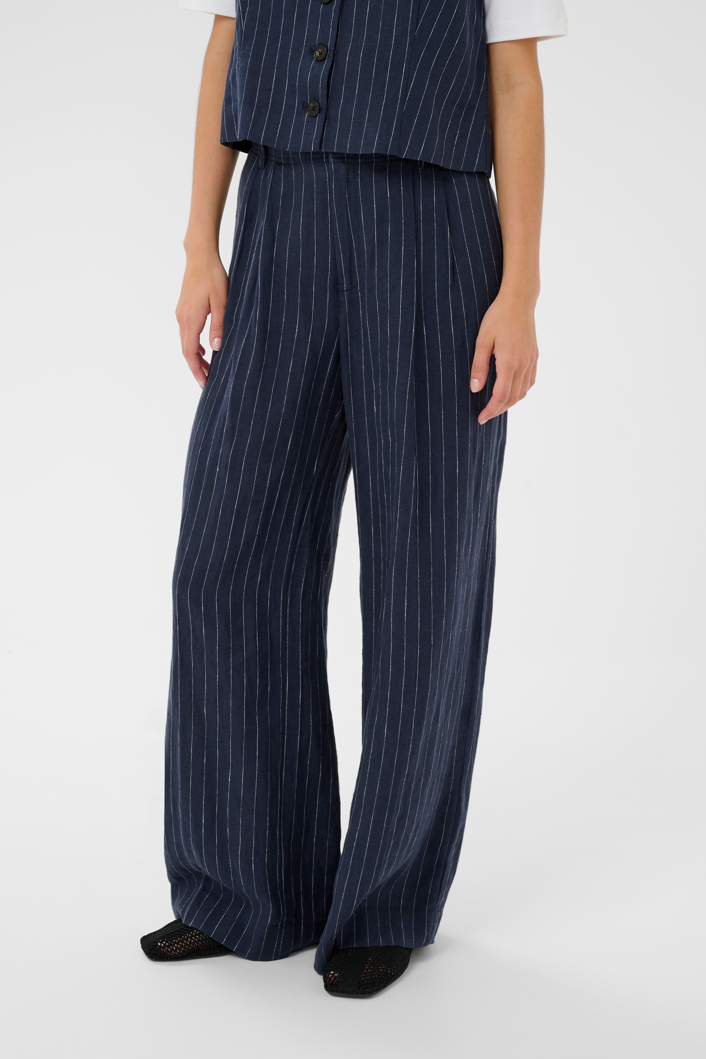 Aliya Blue Nights Pinstripe Linen Pants - 30310443