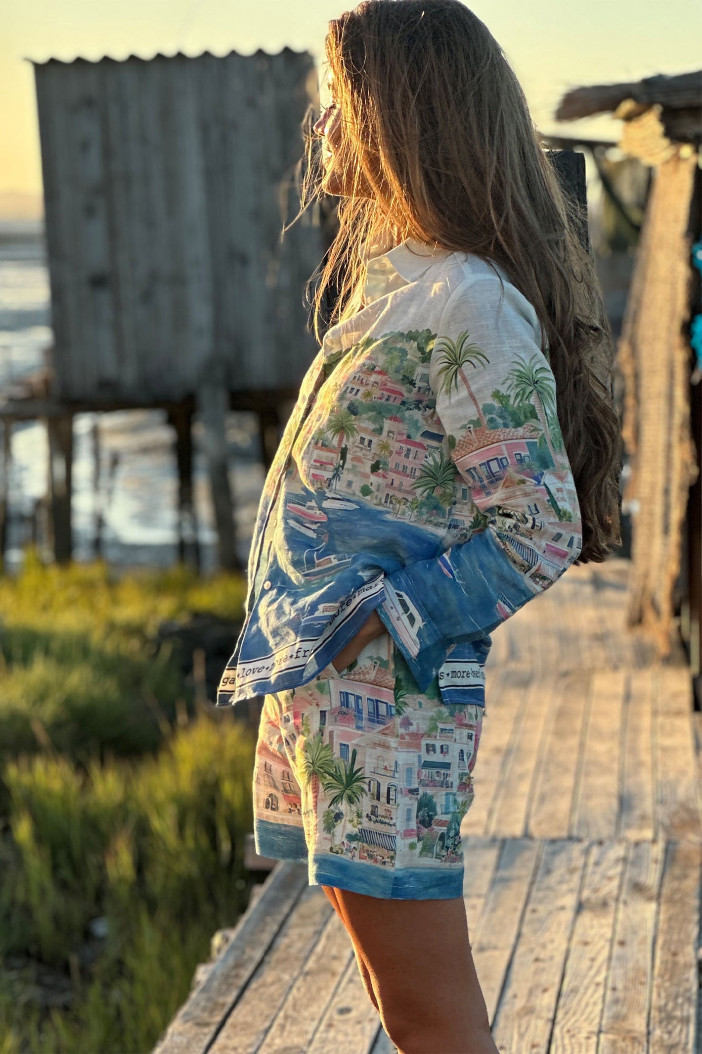 Coastal Print Linen Shorts - 33573