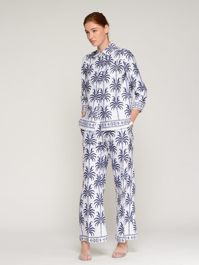 Blue Palm Print Wide Leg Pants - 33591