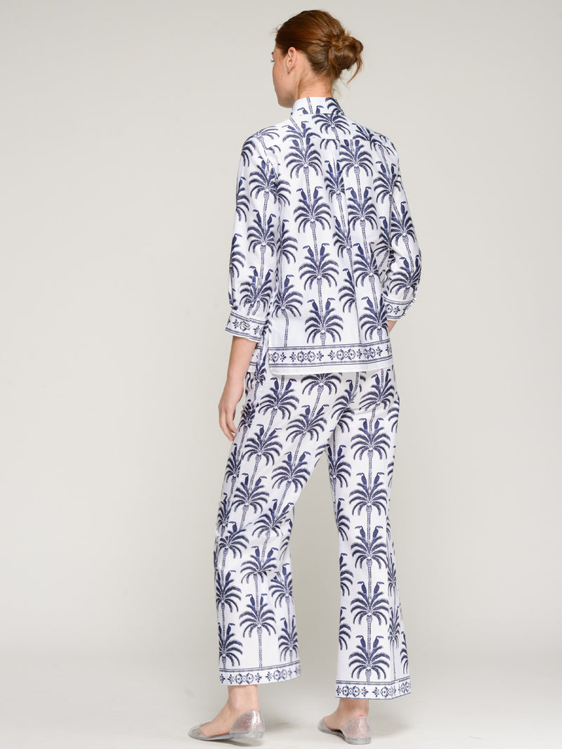 Blue Palm Print Wide Leg Pants - 33591