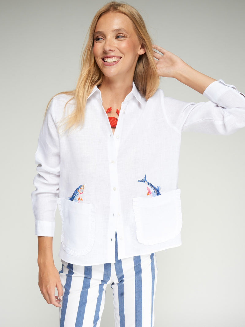 White Shirt With Fish Detail - 33617