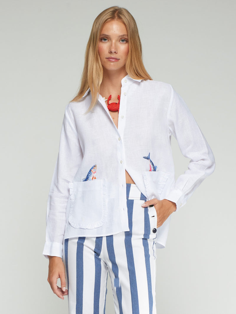 White Shirt With Fish Detail - 33617
