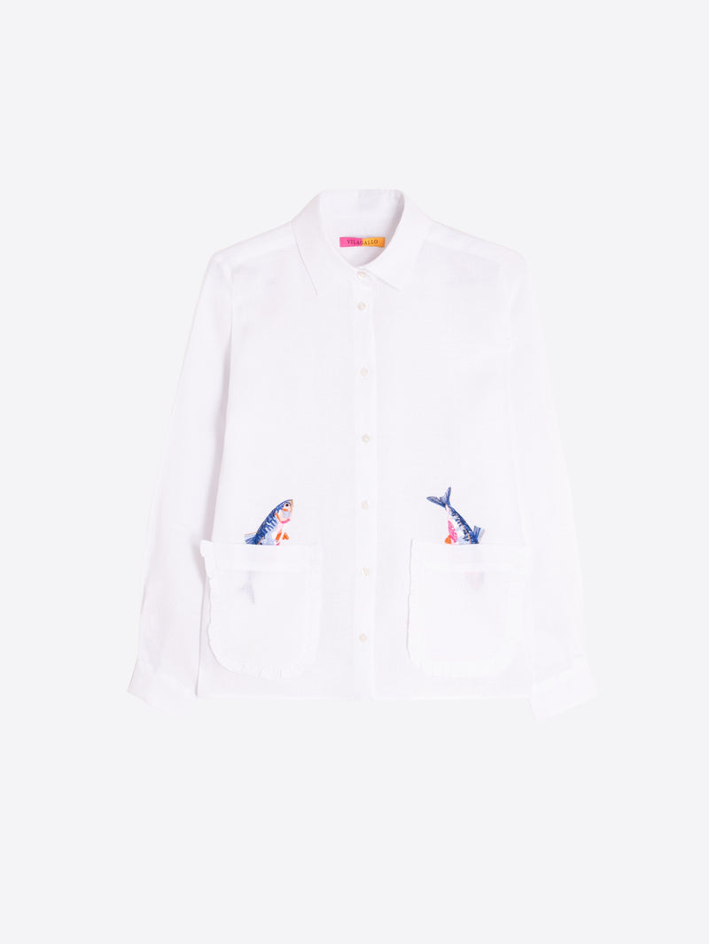 White Shirt With Fish Detail - 33617