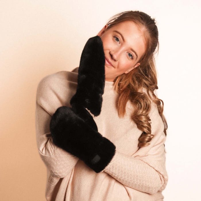 Black Faux Fur Mittens - 4005001