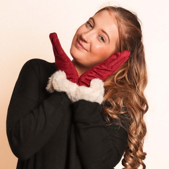 Burgundy Faux Fur Cuff Gloves - 4005604