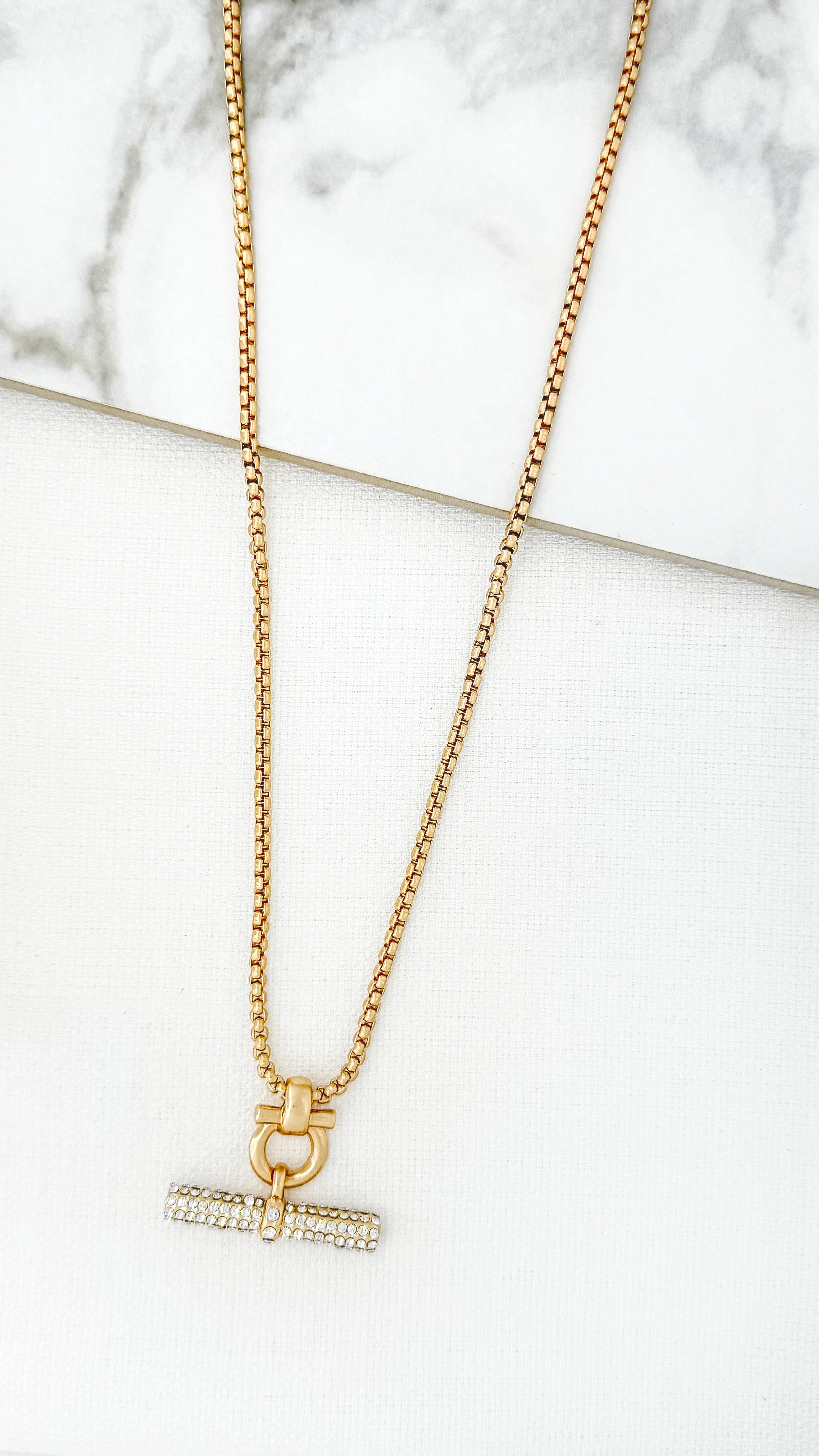 Long Gold Diamante T-Bar Necklace - 4519
