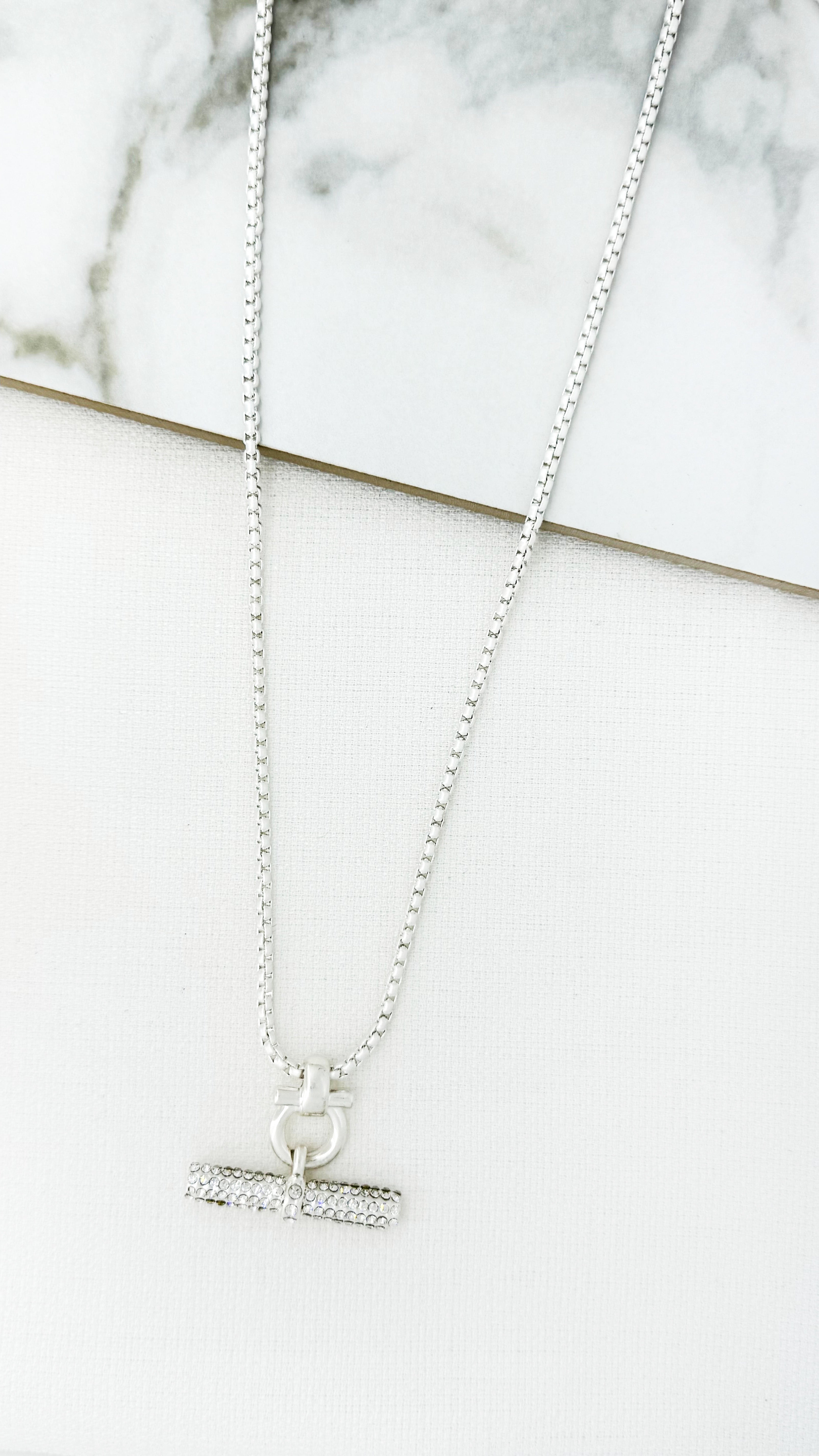 Long Silver Diamante T-Bar Necklace - 4519