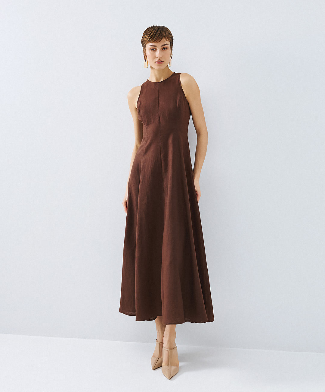 Coffee Linen Blend Dress - 63-3360