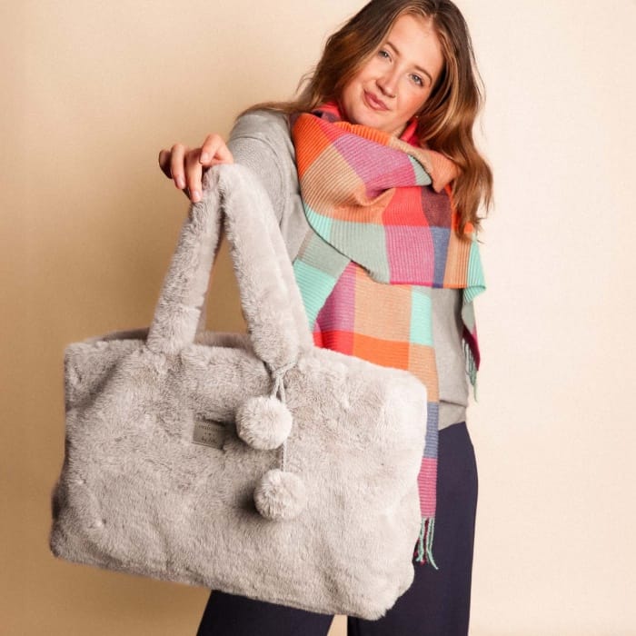 Grey Faux Fur Pom Pom Bag - 7008012