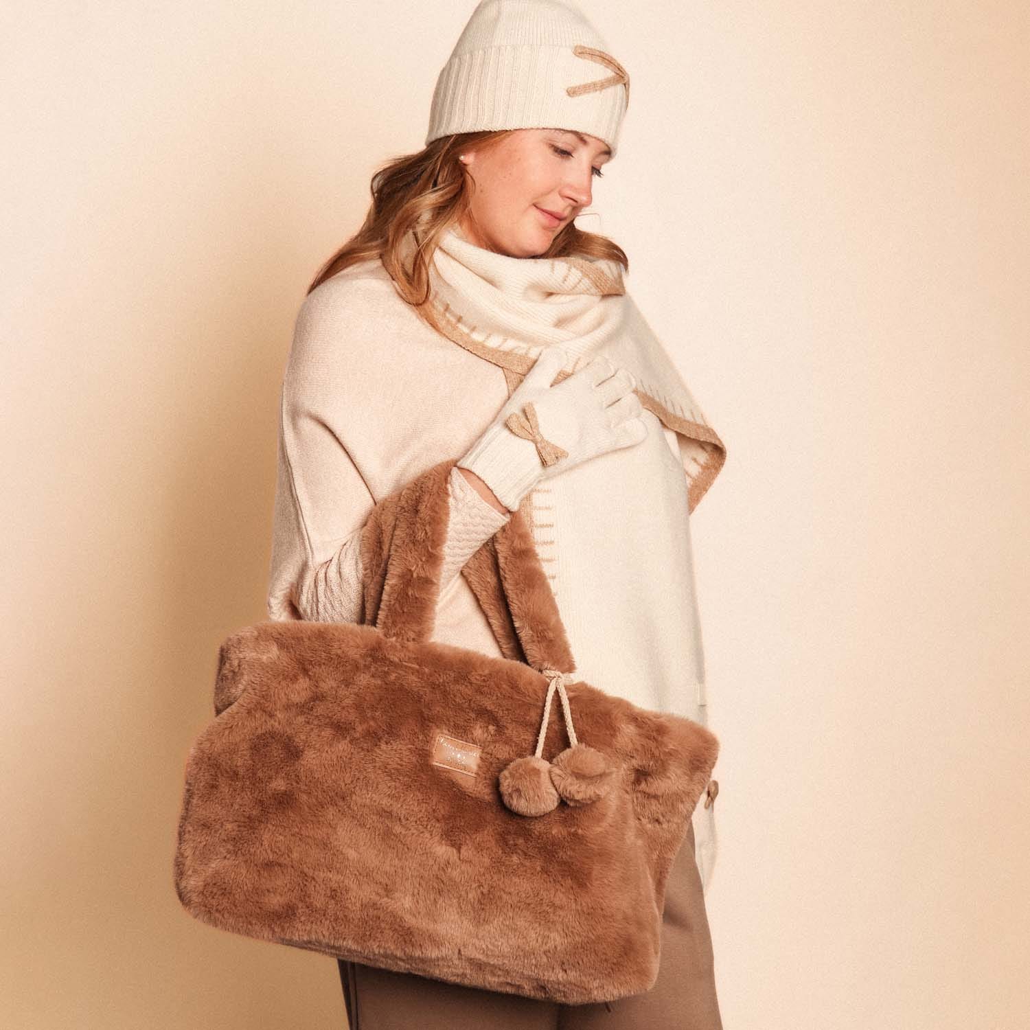 Taupe Faux Fur Pom Pom Bag - 7008029