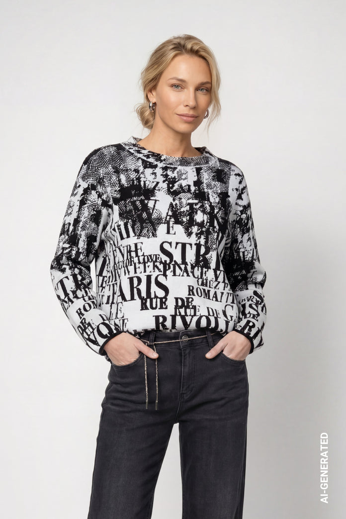 Black Jacquard Letters Pullover - 809945