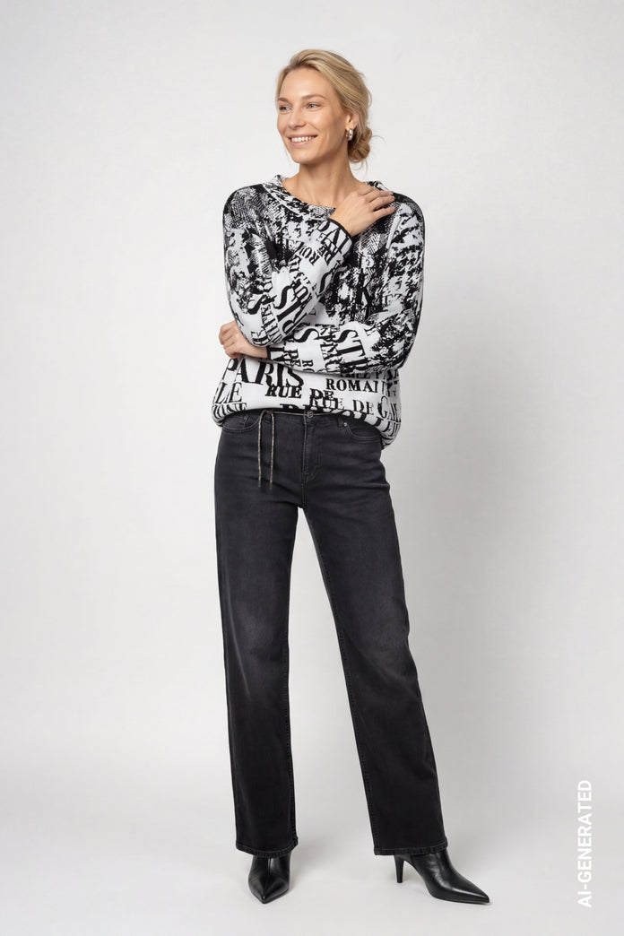 Black Jacquard Letters Pullover - 809945