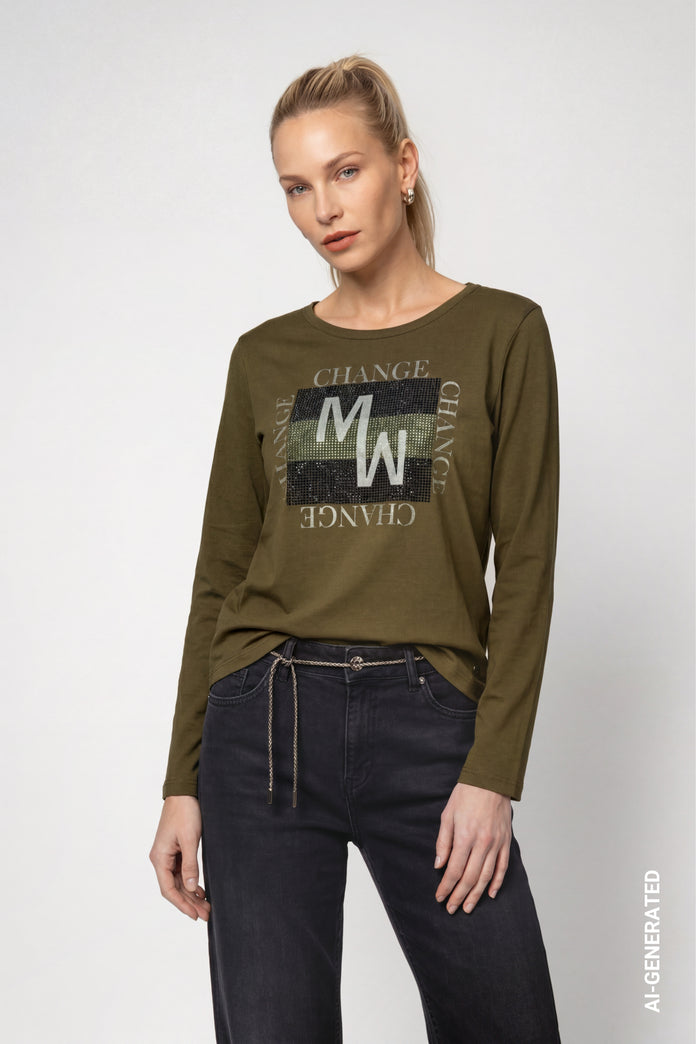 Olive Front Print Top - 810004
