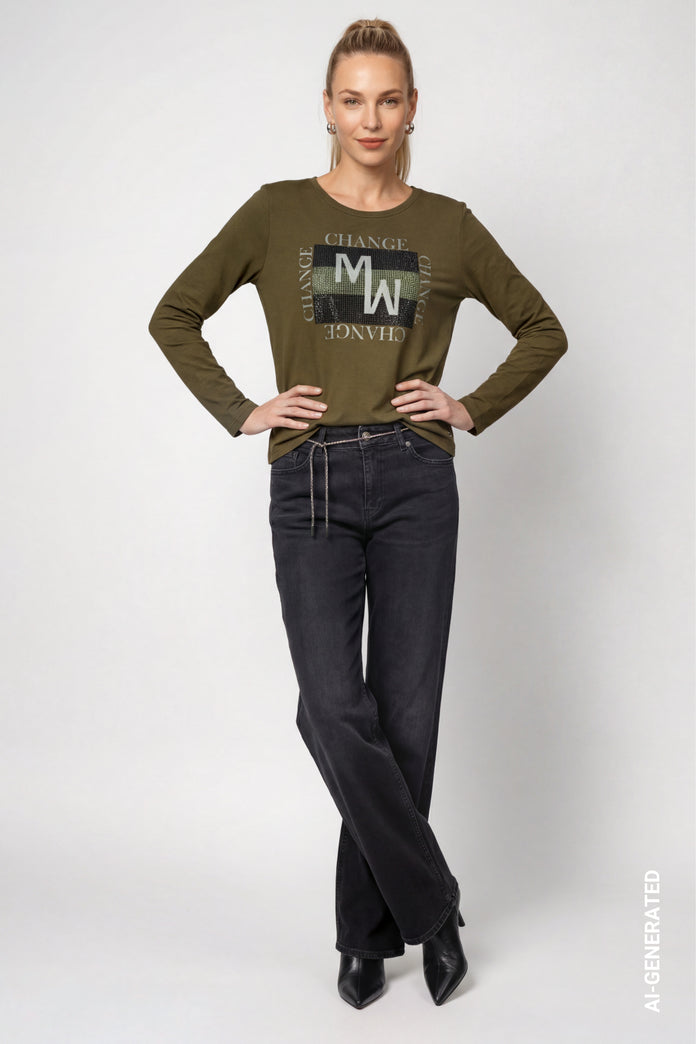 Olive Front Print Top - 810004