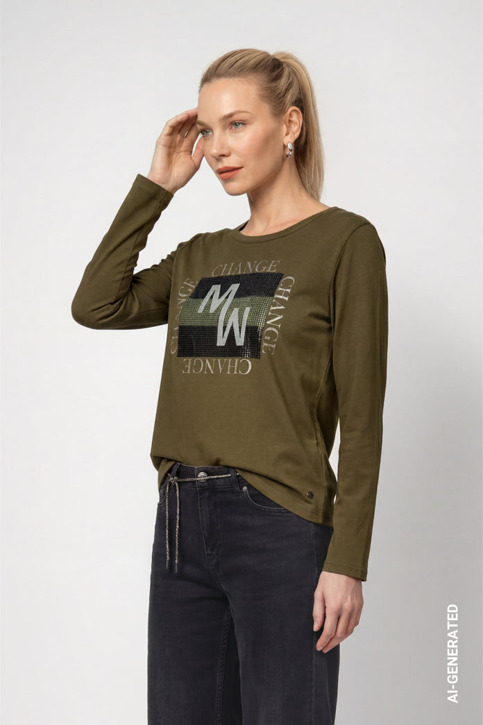 Olive Front Print Top - 810004