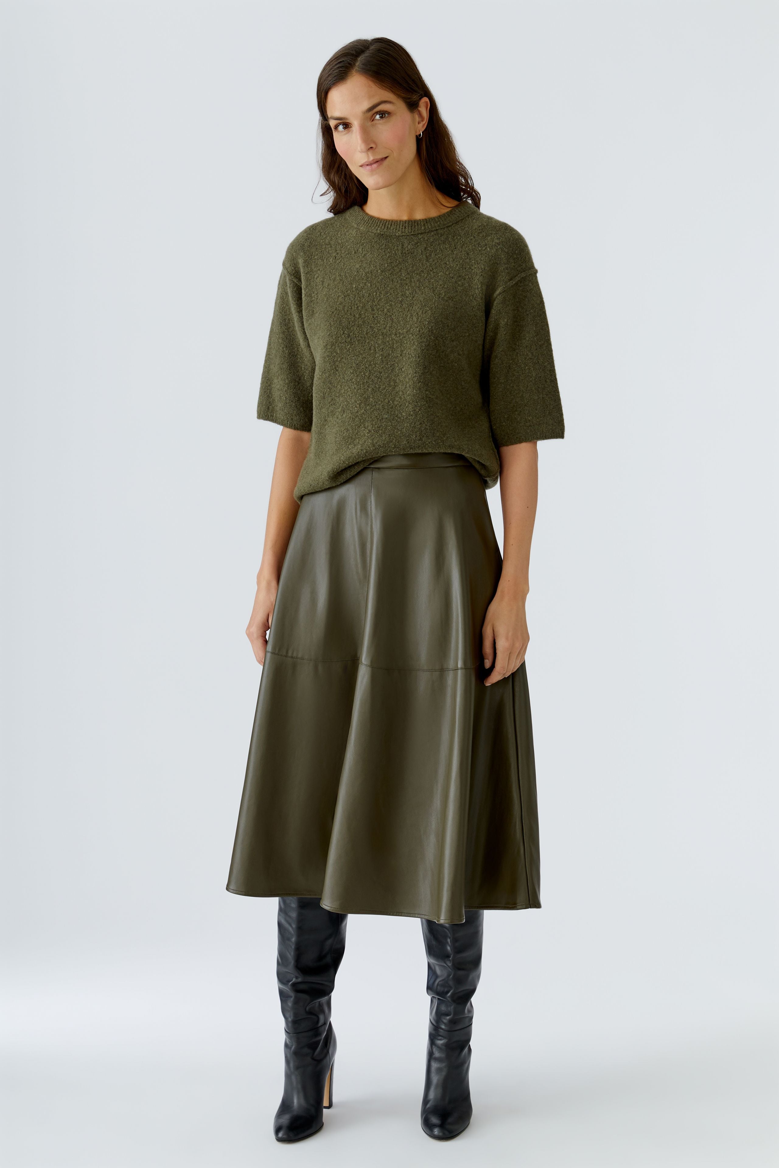 Khaki A-Line Faux Leather Skirt - 87352