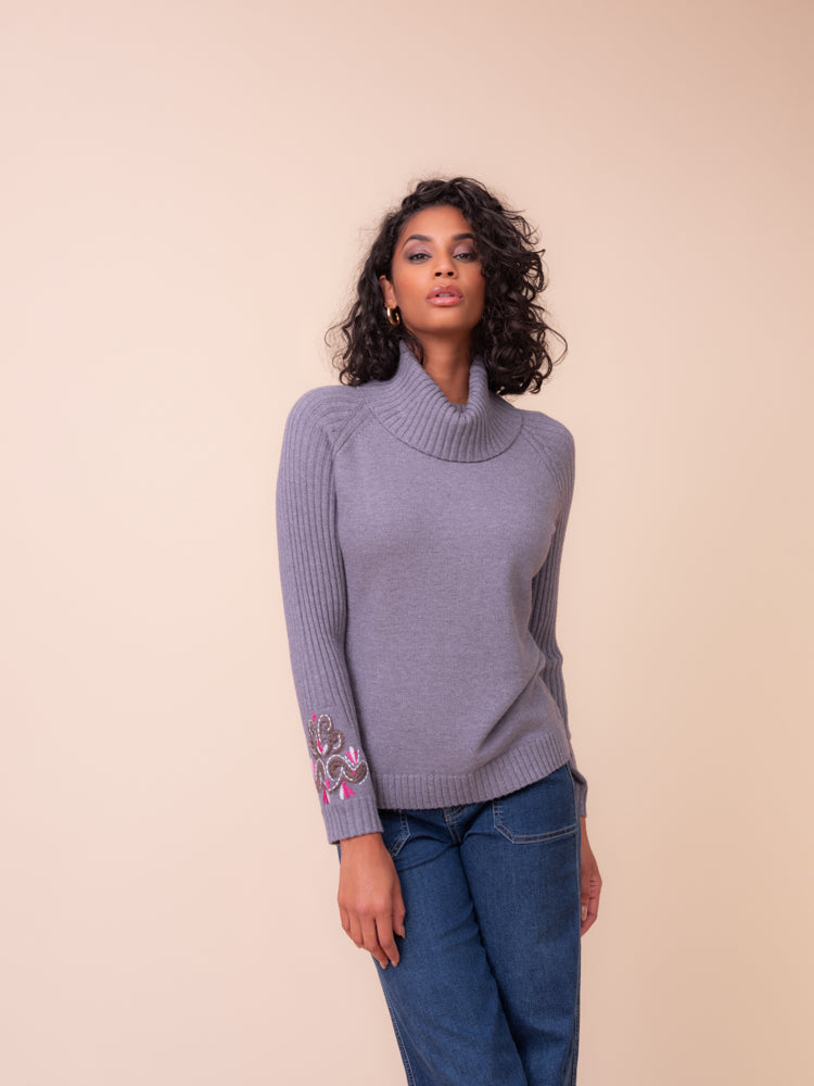 Grey Embroidered Sleeve Sweater - A48015