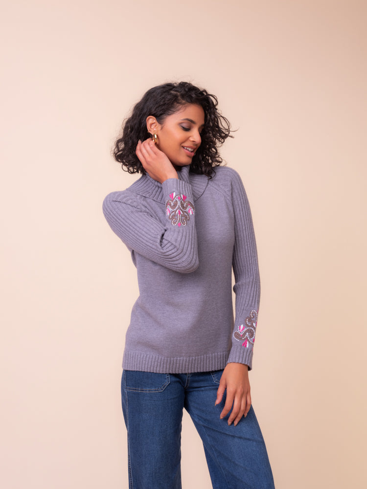 Grey Embroidered Sleeve Sweater - A48015