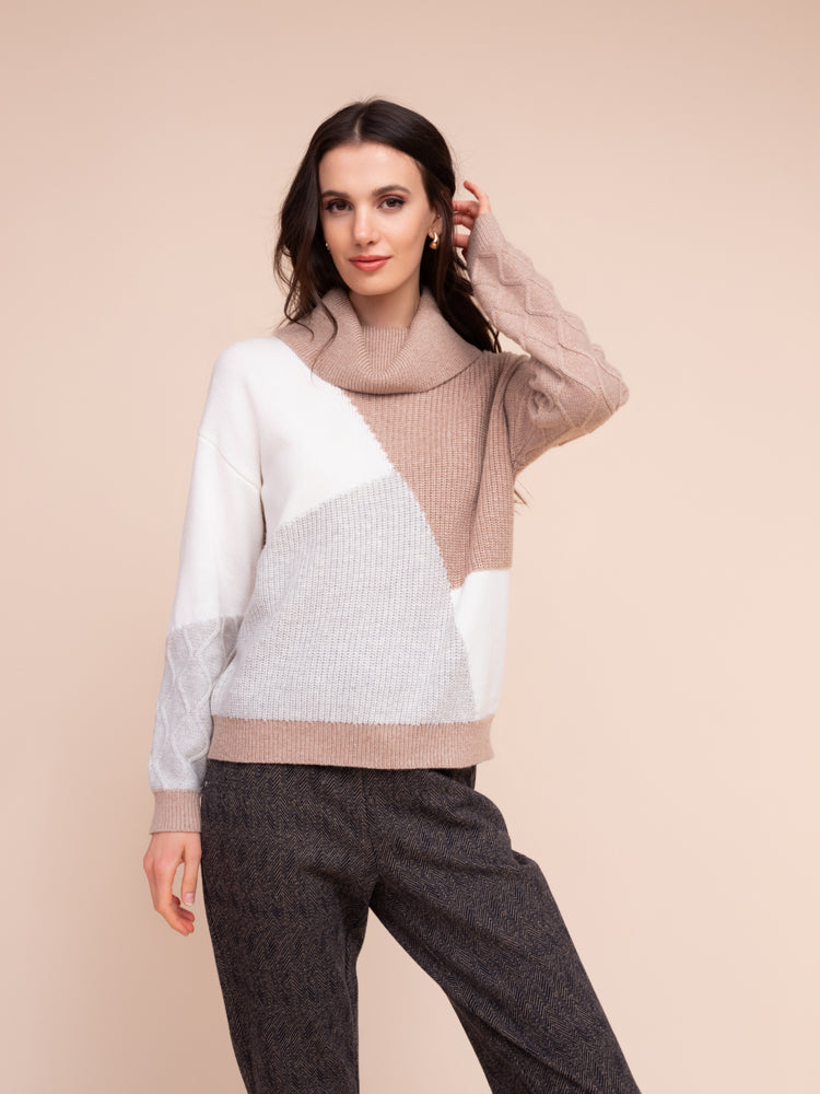 Beige Block Design Sweater - A48310