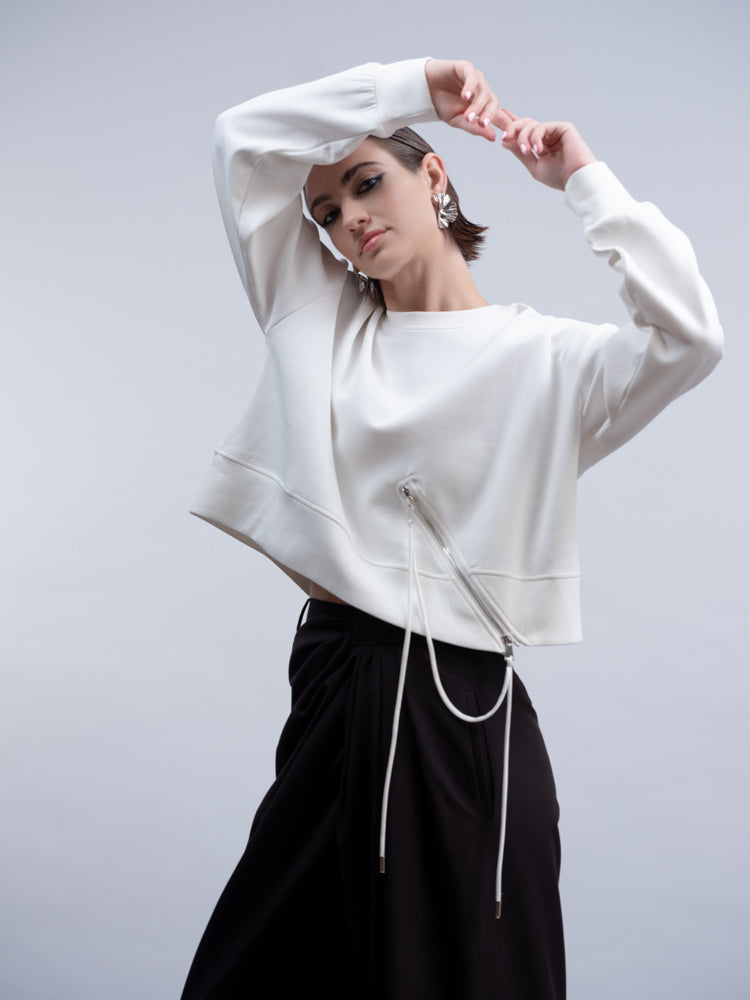 White Cropped Zip Sweatshirt - H2006