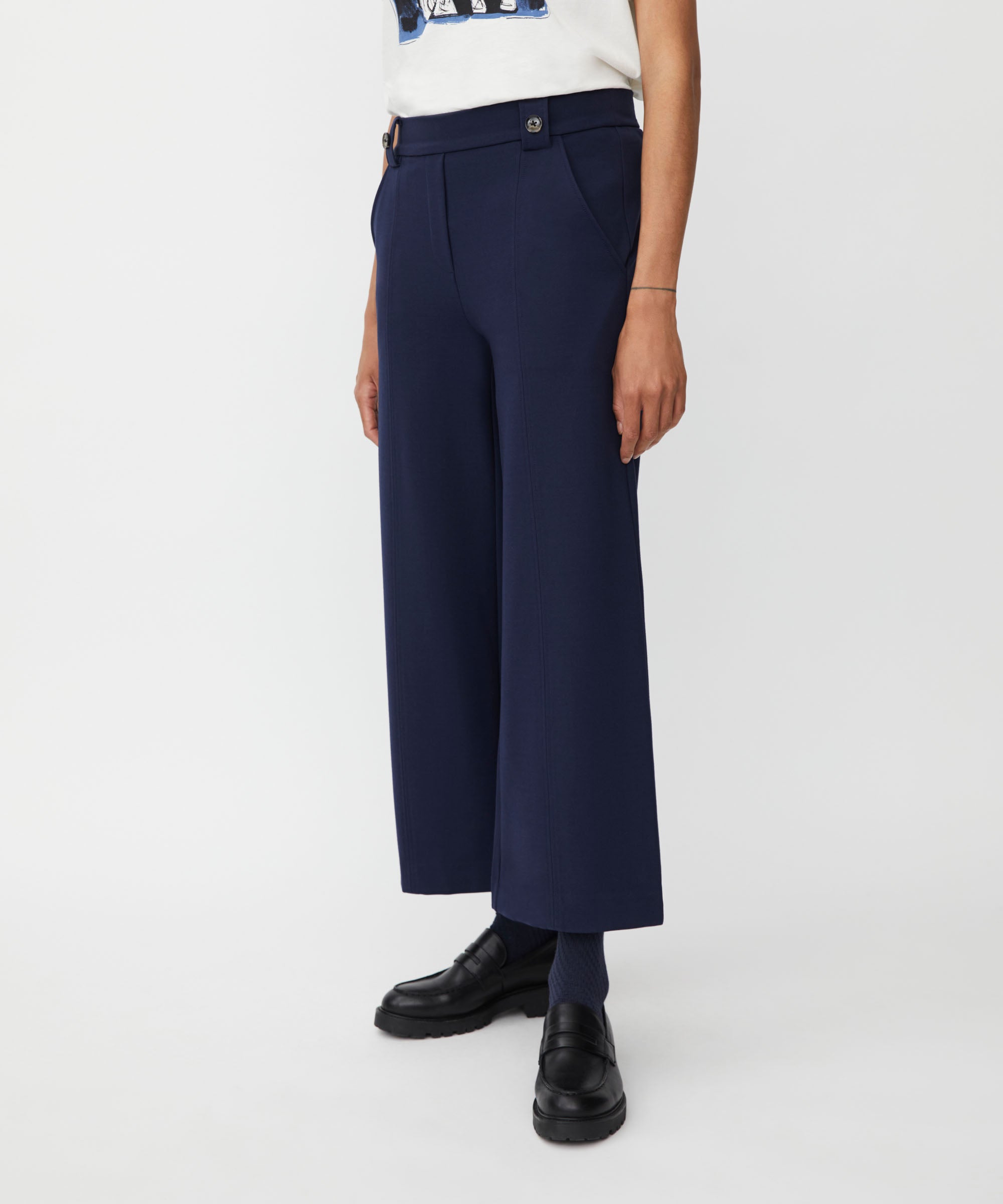 Paxora Navy Wide Leg Crop Trousers - 1011288