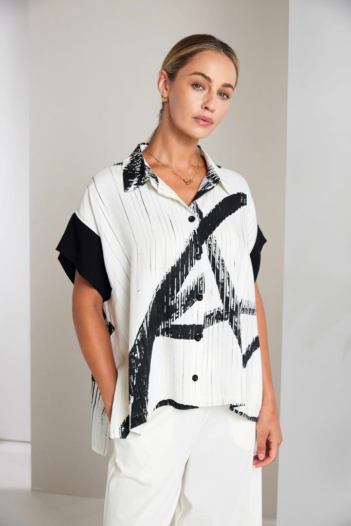 Cream & Black Brushstroke Blouse - NAS26318