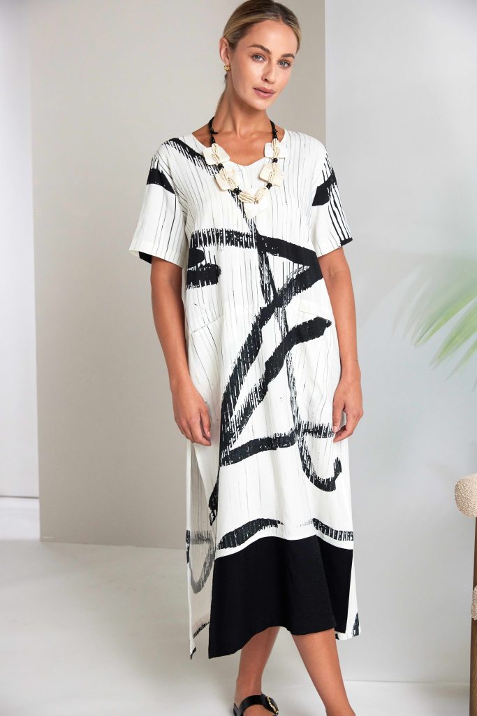 Cream & Black Brushstroke Dress - NAS26320
