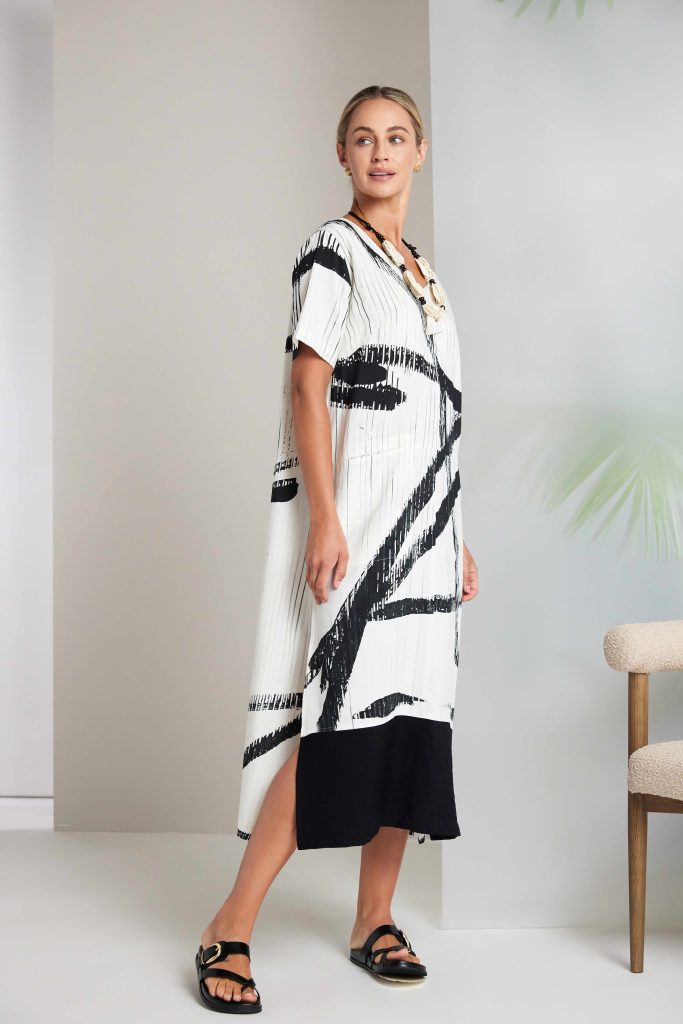 Cream & Black Brushstroke Dress - NAS26320