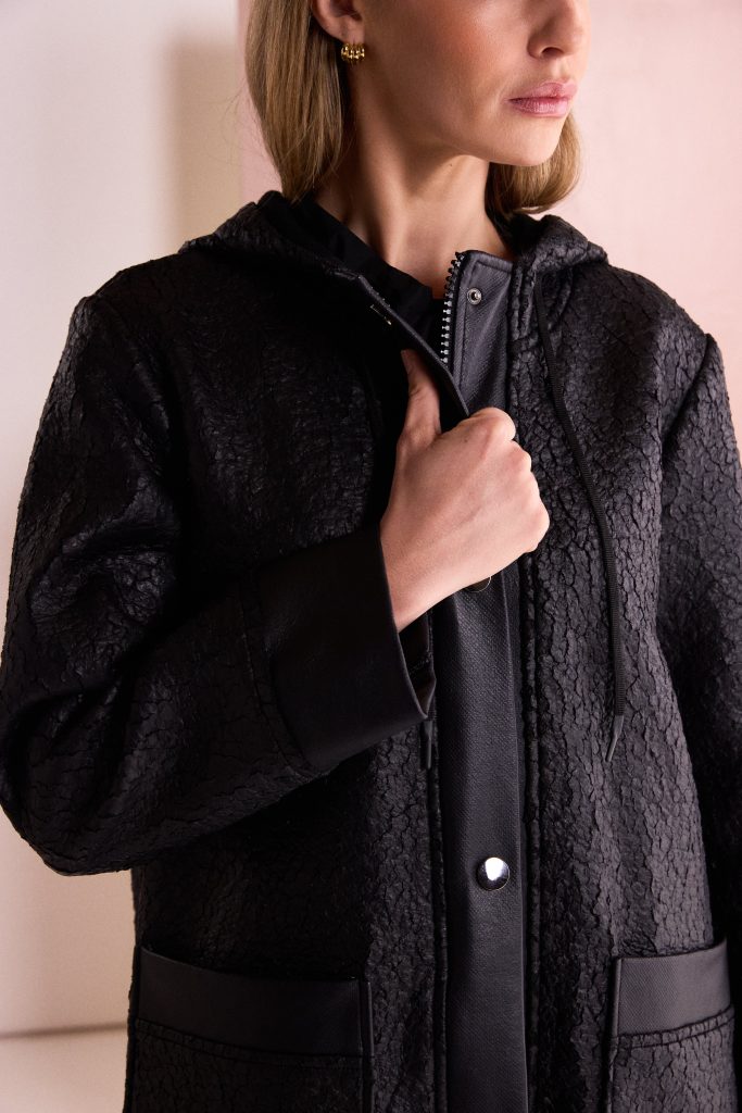 Black Jacquard Faux Leather Coat - NAW26154