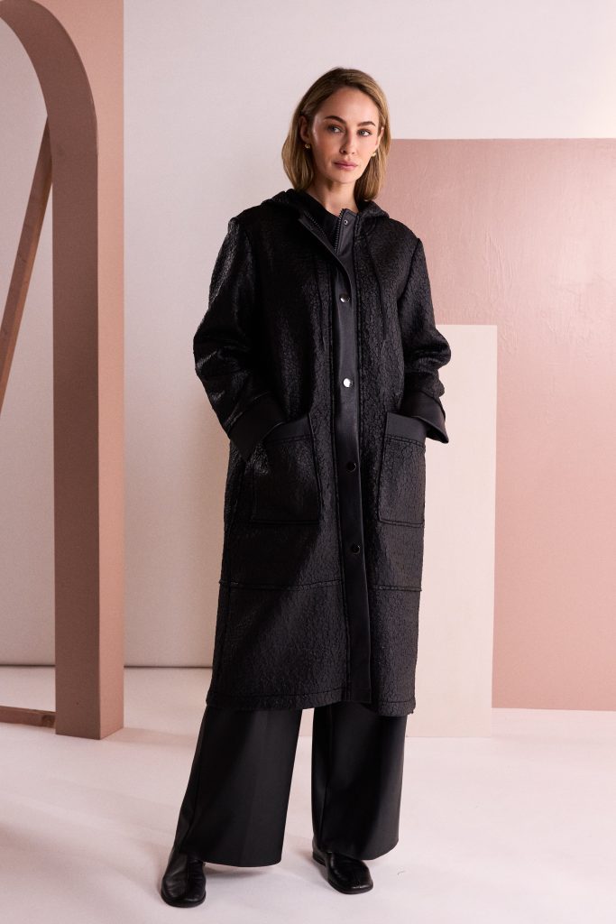 Black Jacquard Faux Leather Coat - NAW26154