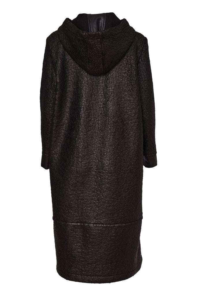 Black Jacquard Faux Leather Coat - NAW26154