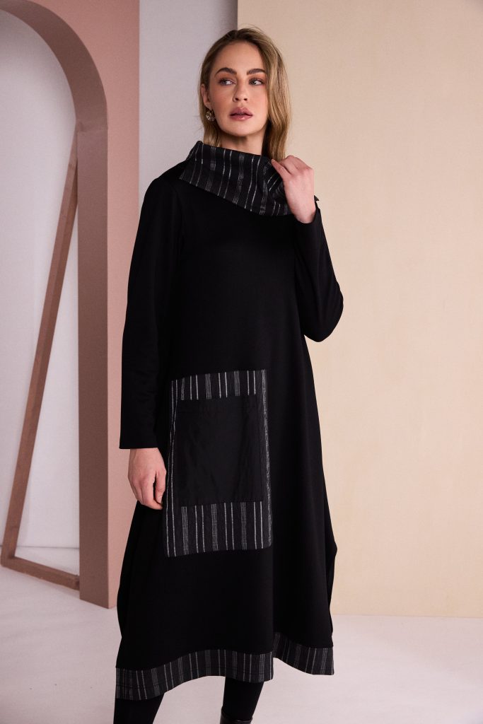 Black & Grey Stripe Trim Dress - NAW26160