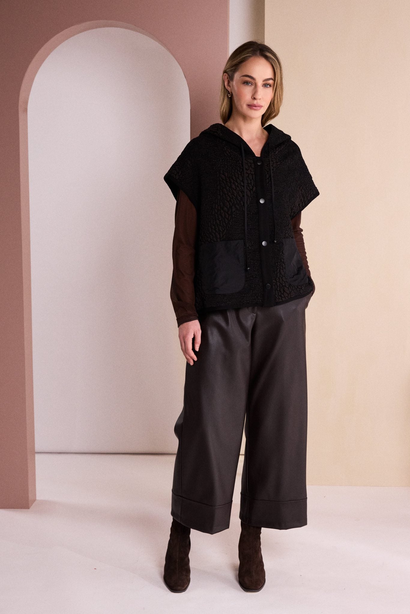 Black & Choko Hooded Waistcoat - NAW26162