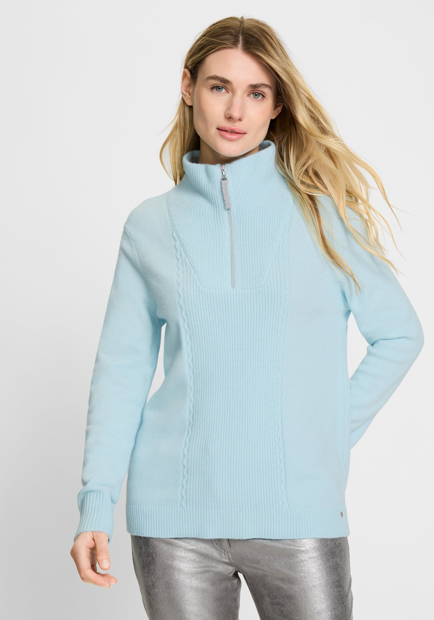 Satin Blue Zip Neck Sweater - 11004655