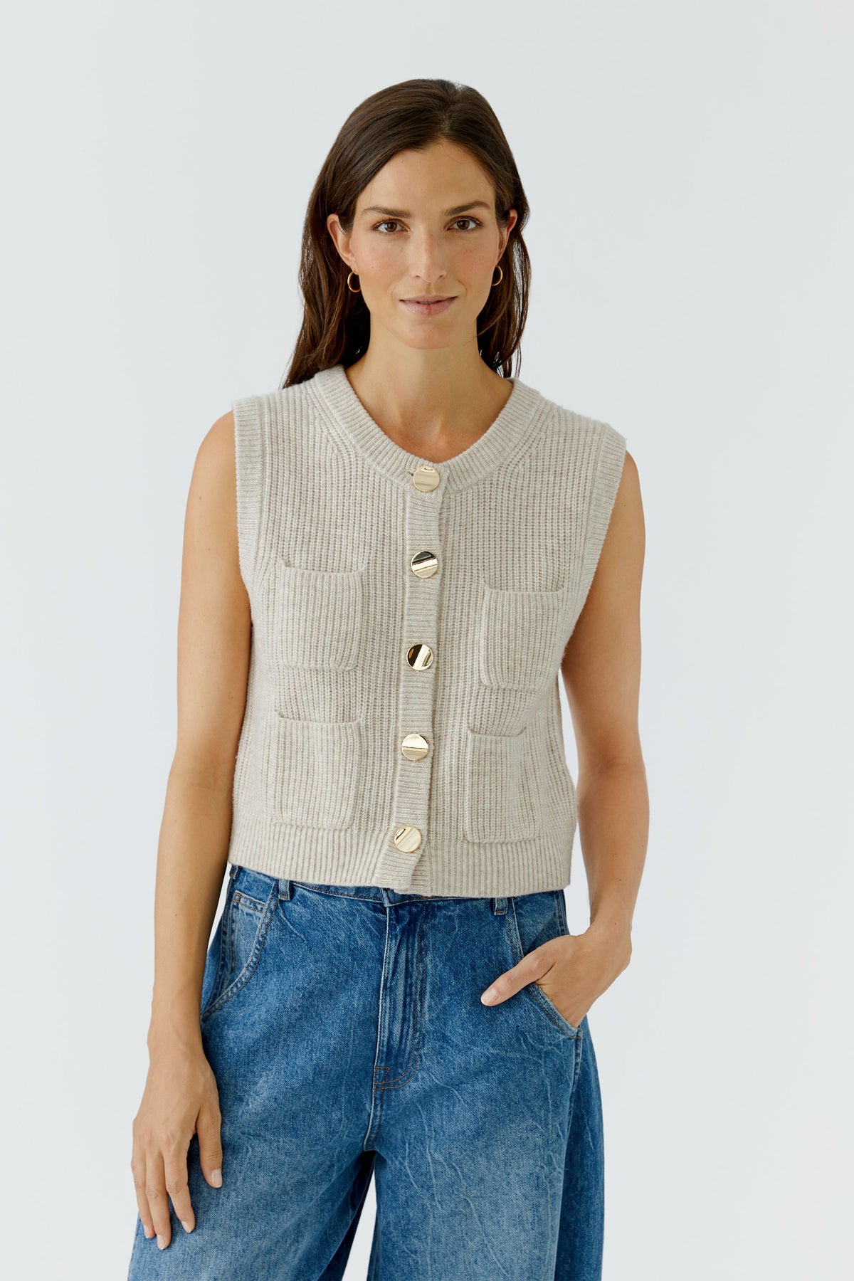 Lt Beige Melange Knitted Waistcoat - 99864