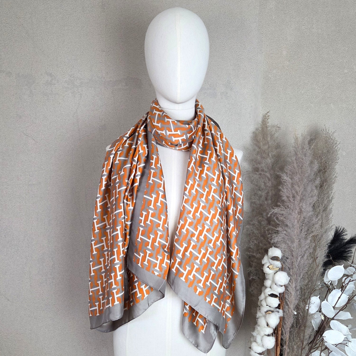 Grey & Orange H Print Scarf - 0449