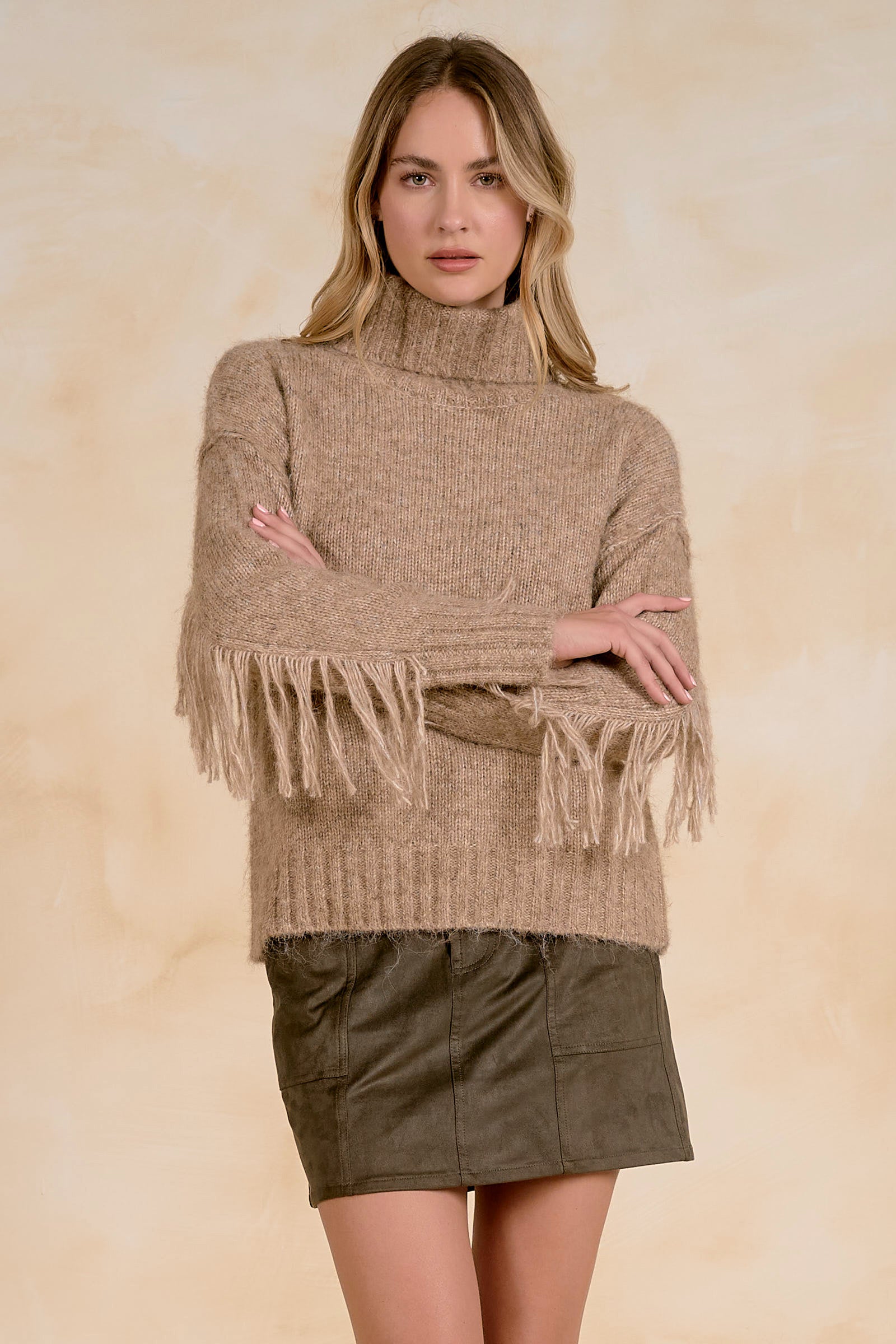 Natural Turtleneck Fringe Sweater - SWF11734