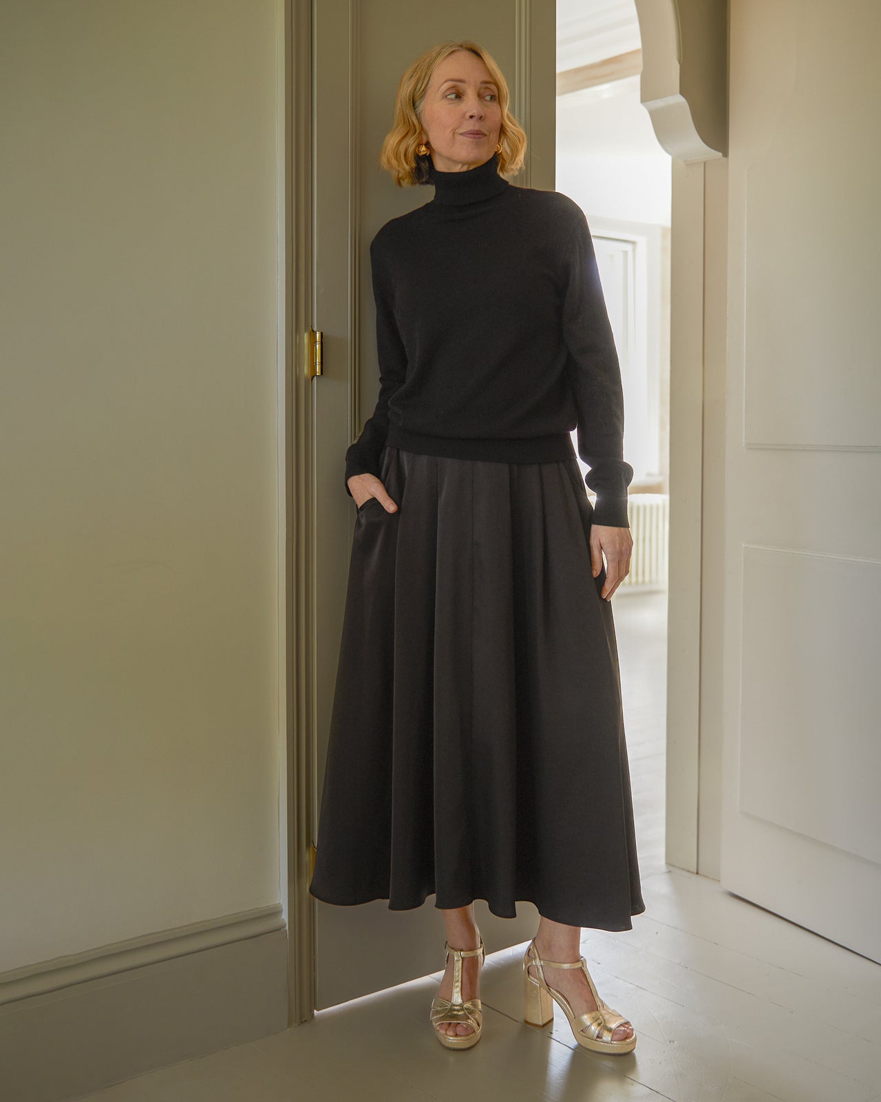 Audrey Black Satin Skirt