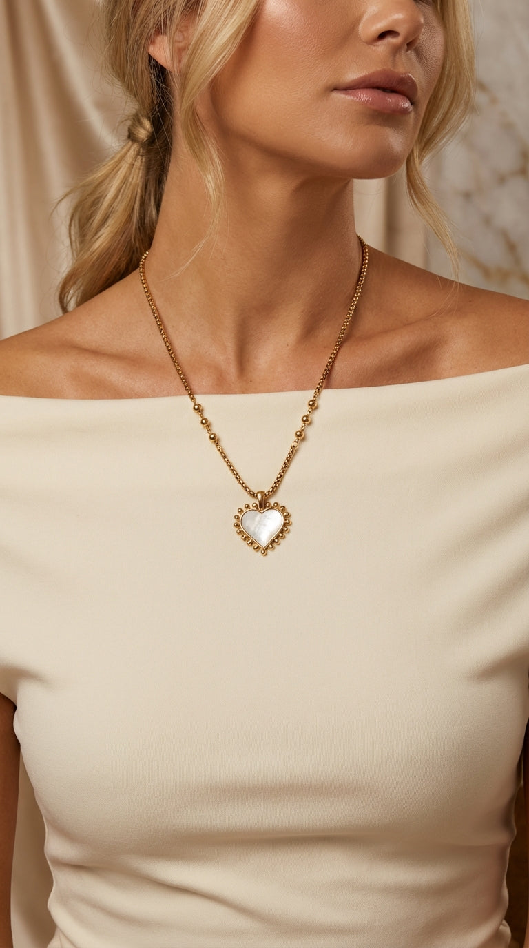 Gold White Heart Necklace - 4523