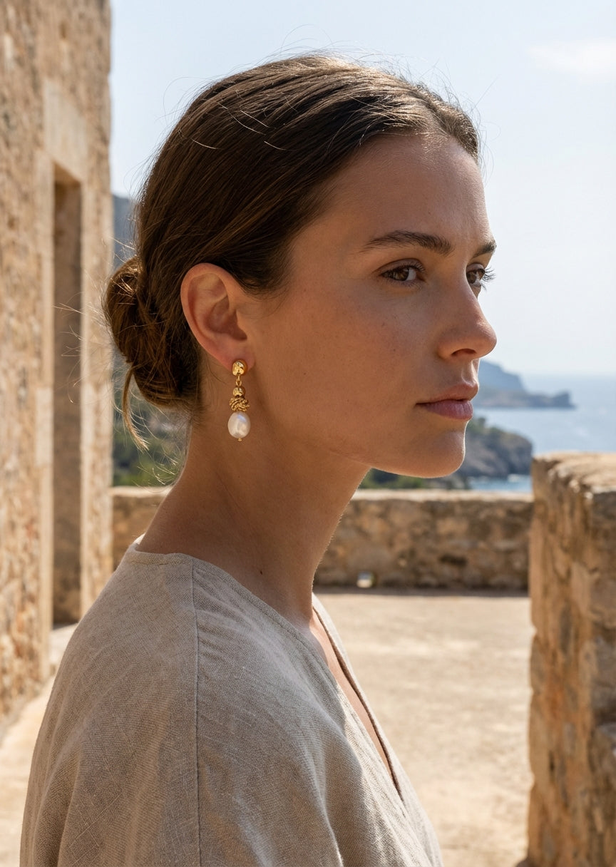 Gold Knot Pearl Earrings - 4798