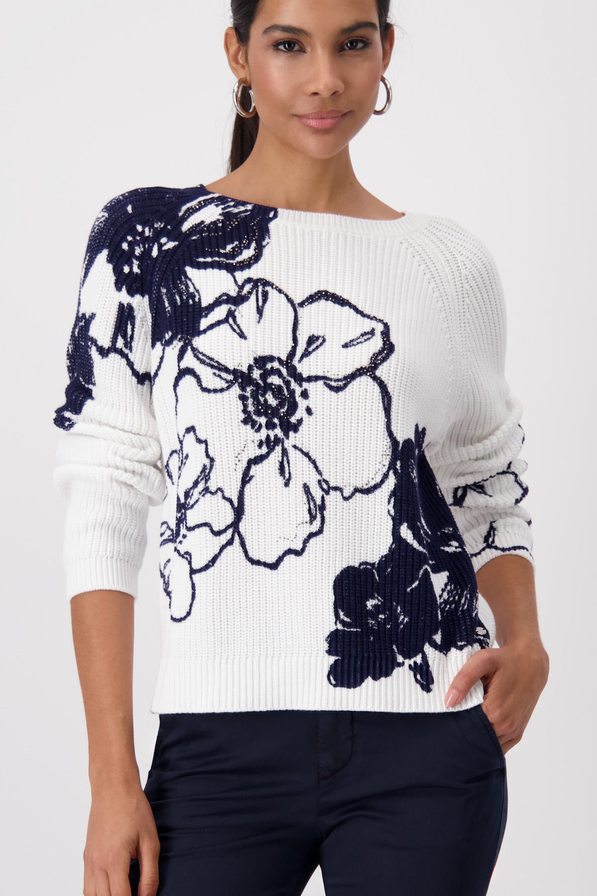 Off White Floral Print Sweater - 409475