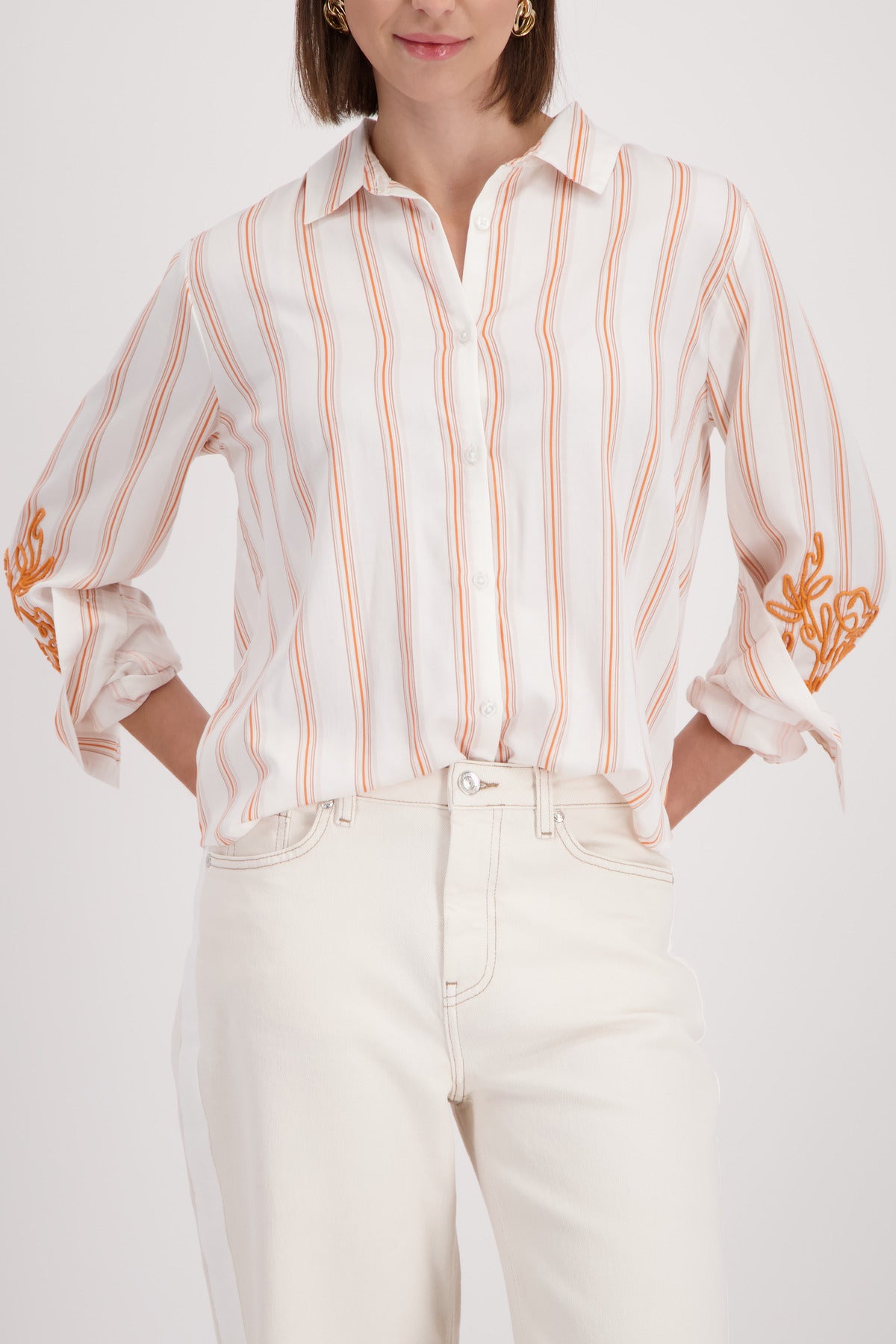 Off White Striped Embroidered Blouse - 410249