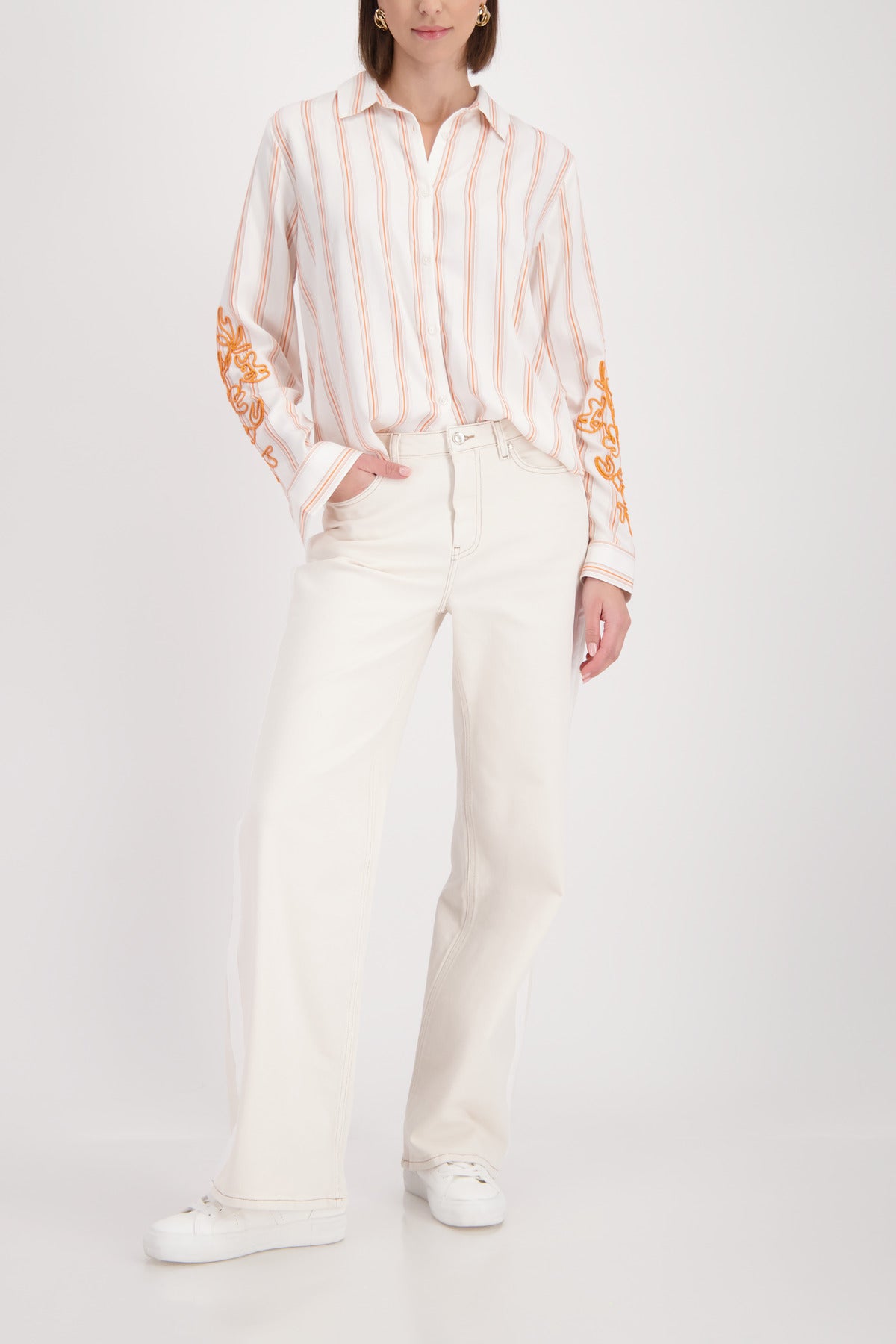 Off White Striped Embroidered Blouse - 410249