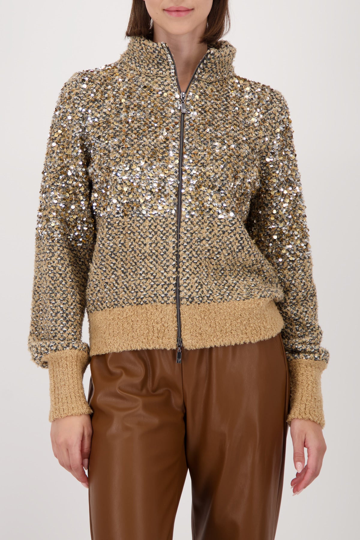 Cognac Sequin Zip Cardigan - 809562