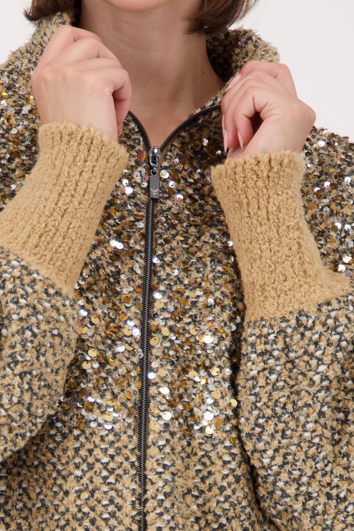 Cognac Sequin Zip Cardigan - 809562