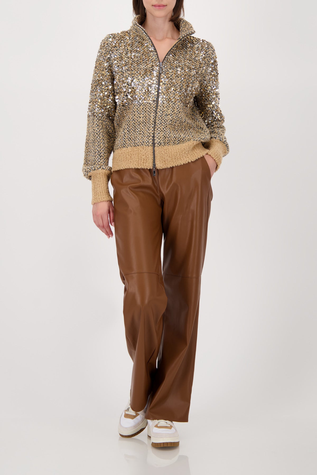 Cognac Sequin Zip Cardigan - 809562