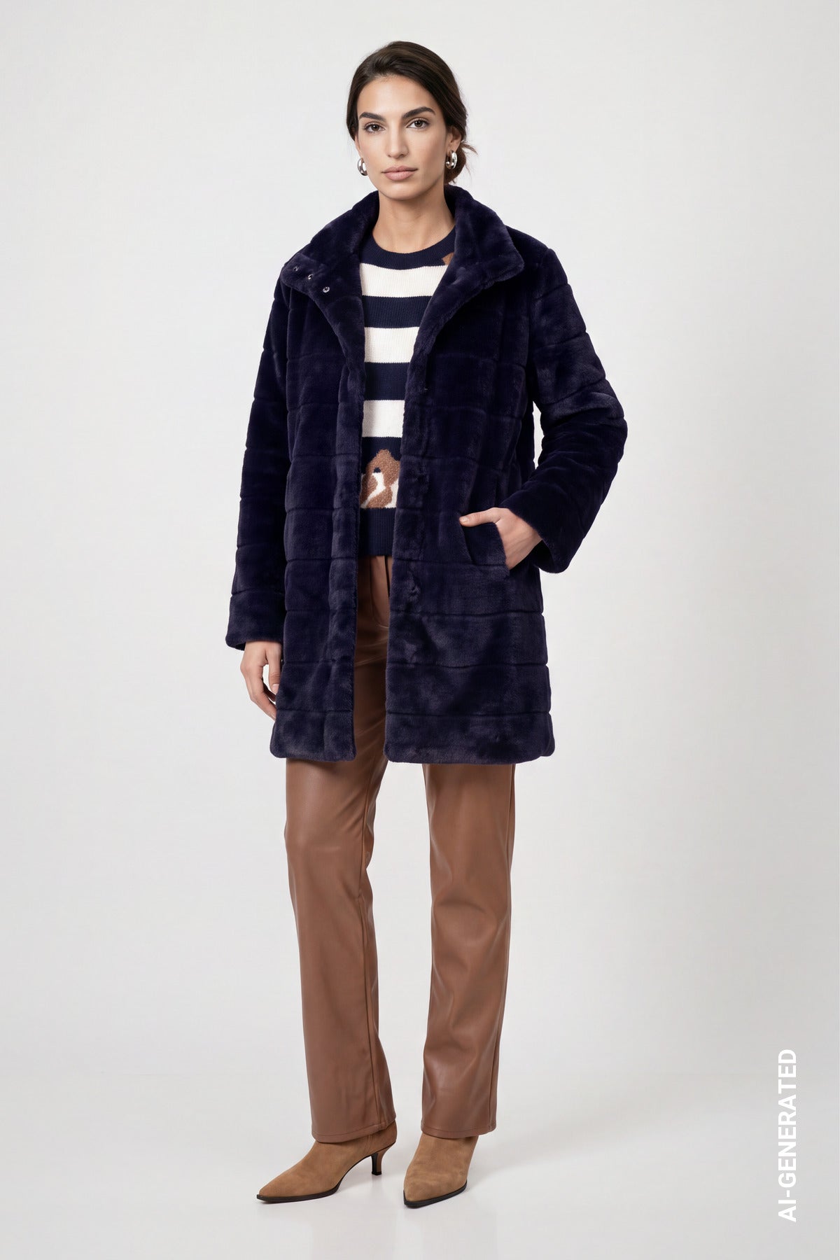 Dark Blue Faux Fur Coat - 810149